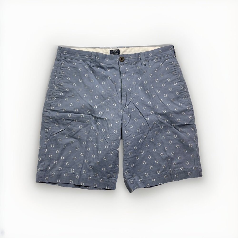 J Crew Gramercy Shorts Mens 33 Horseshoe All Over Print Blue Chino 100% Cotton